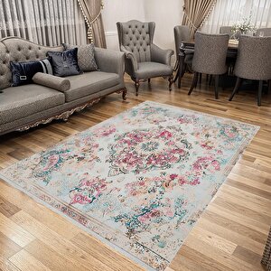 Pamuk Tabanlı Kaymaz Halı – Krem; Pembe; Mavi; Bej – Oriental Desen, Makinede Yıkanabilir, Kolay Temizlenebilir, Toz Ve Tüy Tutmaz, Evcil Hayvan Dostu 120x180 cm