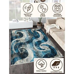Pamuk Tabanlı Kaymaz Halı – Mavi; Krem; Lacivert – Soyut Desen, Makinede Yıkanabilir, Kolay Temizlenebilir, Toz Ve Tüy Tutmaz, Evcil Hayvan Dostu