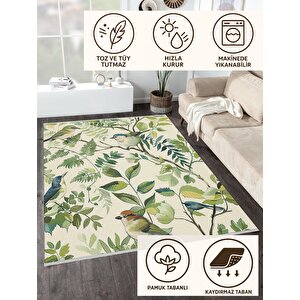 Pamuk Tabanlı Kaymaz Halı – Yeşil; Krem; Mavi – Floral Desen, Makinede Yıkanabilir, Kolay Temizlenebilir, Toz Ve Tüy Tutmaz, Evcil Hayvan Dostu 120x180 cm