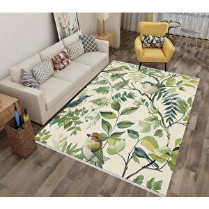 Pamuk Tabanlı Kaymaz Halı – Yeşil; Krem; Mavi – Floral Desen, Makinede Yıkanabilir, Kolay Temizlenebilir, Toz Ve Tüy Tutmaz, Evcil Hayvan Dostu