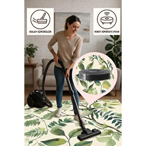 Pamuk Tabanlı Kaymaz Halı – Yeşil; Krem; Mavi – Floral Desen, Makinede Yıkanabilir, Kolay Temizlenebilir, Toz Ve Tüy Tutmaz, Evcil Hayvan Dostu