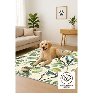 Pamuk Tabanlı Kaymaz Halı – Yeşil; Krem; Mavi – Floral Desen, Makinede Yıkanabilir, Kolay Temizlenebilir, Toz Ve Tüy Tutmaz, Evcil Hayvan Dostu