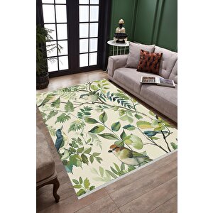 Pamuk Tabanlı Kaymaz Halı – Yeşil; Krem; Mavi – Floral Desen, Makinede Yıkanabilir, Kolay Temizlenebilir, Toz Ve Tüy Tutmaz, Evcil Hayvan Dostu 200x270 cm