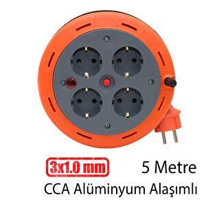 Mini Kutulu Makaralı Seyyar 3x1.0 Mm Cca Monofaze Plastik Uzatma Kablosu 4 Priz Ttr Kablo 5 Metre