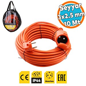 Seyyar Uzatma Kablosu 10 Metre 3x2.5 Mm Kapaklı Monofaze Ev Tipi Topraklı Cca Kablolu Grup Fiş Priz