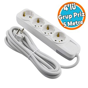 5 Metre Kablolu 4'lü Topraklı Grup Priz Fiş Çoğaltıcı Çoklu Uzatma Kablosu Anahtarsız