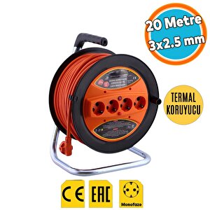 Seyyar Makaralı Uzatma Kablosu 3x2.5 Mm 20 Metre Plastik Makara 4 Prizli Monofaze Termal Sigortalı