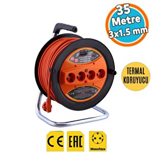 Uzatma Kablosu Makaralı Cca 3x1.5 Mm 35 Metre Plastik Seyyar Makara Termal Sigortalı 4 Prizli Monofaze