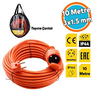 Kapaklı Uzatma Kablosu 15 Metre 3x2.5 Mm Ev Tipi Topraklı Cca Kablolu Tekli Grup Fiş Priz Monofaze