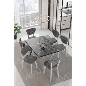 Ali̇ze Elma Sandalye 80x140 Yemek Masası Mutfak Masası 6 Kişilik Masa Sandalye Takım Siyah Mermer