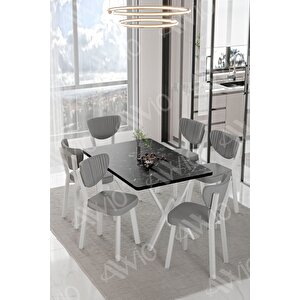 Ali̇ze Elma Sandalye 80x140 Yemek Masası Mutfak Masası 6 Kişilik Masa Sandalye Takım Siyah Mermer
