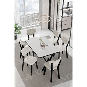 Dora  Elma Sandalye 80x140 Yemek Masası Mutfak Masası 6 Kişilik Masa Sandalye Takım Beyaz