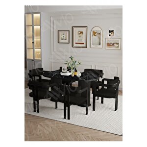 Bohem Ayak 6'lı Tokyo Metal Demonte Sandalye 80x180 Masa Sandalye Takımı Siyah Mermer