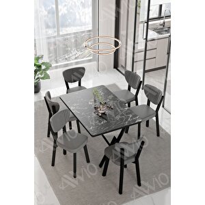 Elma Sandalye 80x140 Yemek Masası Mutfak Masası 6 Kişilik Masa Sandalye Takım Siyah Mermer