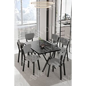 Elma Sandalye 80x140 Yemek Masası Mutfak Masası 6 Kişilik Masa Sandalye Takım Siyah Mermer
