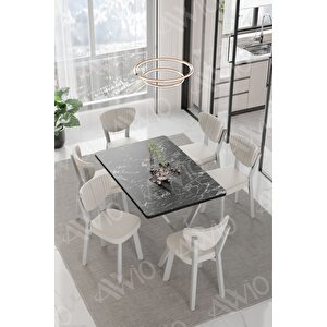Li̇dyana  Elma Sandalye 80x140 Yemek Masası Mutfak Masası 6 Kişilik Masa Sandalye Takım Siyah Mermer