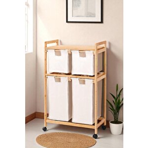 Bambu 4 Bölmeli Kirli Sepetli Çamaşır Sepeti Raflı Banyo düzenleyici Db-0018