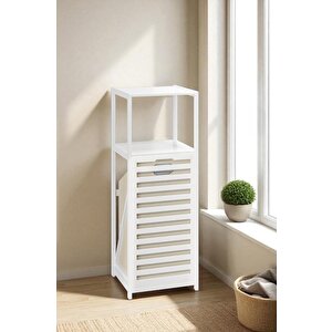 Bambu Beyaz Mat Lake Kirli Sepetli 2 Raflı Banyo Düzenleyici Çamaşır Sepeti Db-0020
