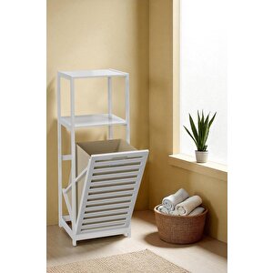 Bambu Beyaz Mat Lake Kirli Sepetli 2 Raflı Banyo Düzenleyici Çamaşır Sepeti Db-0020