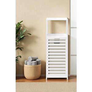 Bambu Beyaz Mat Lake Kirli Sepetli 2 Raflı Banyo Düzenleyici Çamaşır Sepeti Db-0020