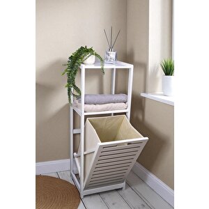 Digithome Bambu Beyaz Mat Lake Kirli Sepetli 2 Raflı Banyo Düzenleyici Çamaşır Sepeti Db-0020