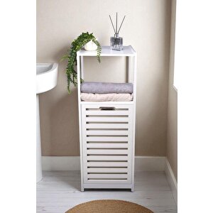 Digithome Bambu Beyaz Mat Lake Kirli Sepetli 2 Raflı Banyo Düzenleyici Çamaşır Sepeti Db-0020