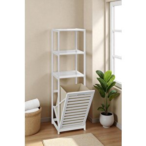 Bambu Beyaz Mat Lake Kirli Sepetli 3 Raflı Banyo Düzenleyici Çamaşır Sepeti Db-0019