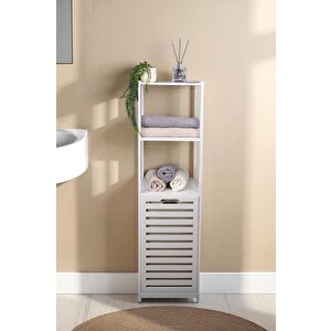 Digithome Bambu Beyaz Mat Lake Kirli Sepetli 3 Raflı Banyo Düzenleyici Çamaşır Sepeti Db-0019