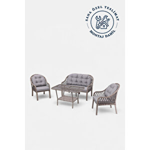 Defne 4 Kişilik Bahçe Ve Balkon Oturma Takımı Sütlü Kahve - 2+1+1+masa - 4 Parça Rattan Oturma Grubu