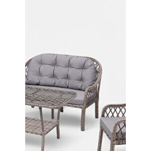 Defne 4 Kişilik Bahçe Ve Balkon Oturma Takımı Sütlü Kahve - 2+1+1+masa - 4 Parça Rattan Oturma Grubu