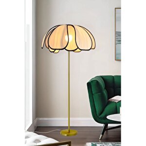 Boheme Modern Tasarım Palm Burenze Dekoratif Lambader Eskitme Gold Gövde Ekru Kumaş Abajur