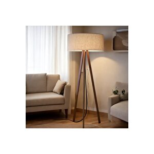 Modern Lambader Ahşap Tripod Ayaklı Lambader Kumaş Abajurlu Şık Görsellik Katar