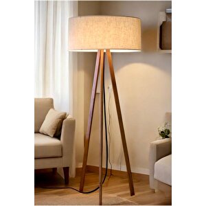 Modern Lambader Ahşap Tripod Ayaklı Lambader Kumaş Abajurlu Şık Görsellik Katar
