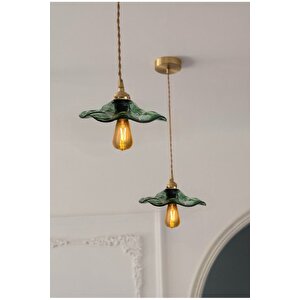 Modern Tasarım Vintage Boheme Estetik El Yapımı Yeşil Camlı Sarkıt Avize Eskitme Gold Kahve Örgü