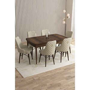 Loft Barok Desen 80x132 Açılabilir Mdf Masa Yemek Odası Takımı, Mutfak Takımı 6 Sandalye Krem