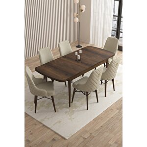 Loft Barok Desen 80x132 Açılabilir Mdf Masa Yemek Odası Takımı, Mutfak Takımı 6 Sandalye Krem