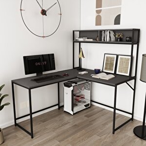 Cornermaster Raflı L Köşe Çalışma Masası Antrasit Siyah Antrasit