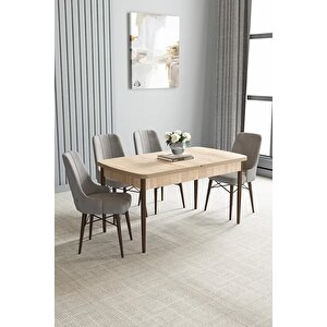 Loft Meşe Desen 80x132 Açılabilir Mdf Masa Yemek Odası Takımı, Mutfak Takımı 4 Adet Sandalye Gri