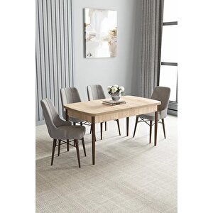 Loft Meşe Desen 80x132 Açılabilir Mdf Masa Yemek Odası Takımı, Mutfak Takımı 4 Adet Sandalye Gri