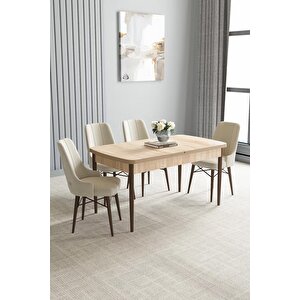 Loft Meşe Desen 80x132 Açılabilir Mdf Masa Yemek Odası Takımı, Mutfak Takımı 4 Adet Sandalye Krem