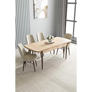 Loft Meşe Desen 80x132 Açılabilir Mdf Masa Yemek Odası Takımı, Mutfak Takımı 4 Adet Sandalye Krem