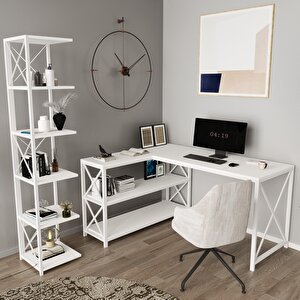 Flexy L Masa- Logan 5 Kitaplık Set Beyaz-Beyaz