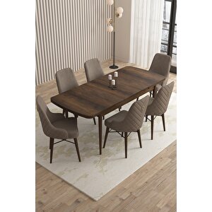 Loft Barok Desen 80x132 Açılabilir Mdf Masa Yemek Odası Takımı, Mutfak Takımı 6 Sandalye Cappuccino