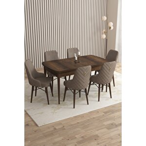 Loft Barok Desen 80x132 Açılabilir Mdf Masa Yemek Odası Takımı, Mutfak Takımı 6 Sandalye Cappuccino