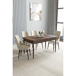 Loft Barok Desen 80x132 Açılabilir Mdf Masa Yemek Odası Takımı, Mutfak Takımı 4 Adet Sandalye Krem