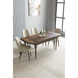 Loft Barok Desen 80x132 Açılabilir Mdf Masa Yemek Odası Takımı, Mutfak Takımı 4 Adet Sandalye Krem