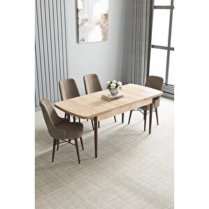 Loft Meşe Desen 80x132 Açılabilir Mdf Masa Yemek Odası Takımı, Mutfak Takımı 4 Adet Sandalye Cappuccino