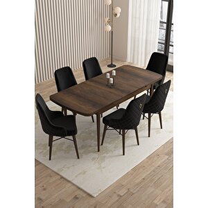 Loft Barok Desen 80x132 Açılabilir Mdf Masa Yemek Odası Takımı, Mutfak Takımı 6 Sandalye Siyah