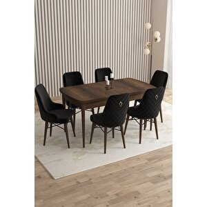 Loft Barok Desen 80x132 Açılabilir Mdf Masa Yemek Odası Takımı, Mutfak Takımı 6 Sandalye Siyah