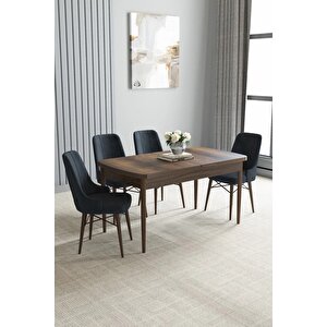 Loft Barok Desen 80x132 Açılabilir Mdf Masa Yemek Odası Takımı, Mutfak Takımı 4 Adet Sandalye Antrasit